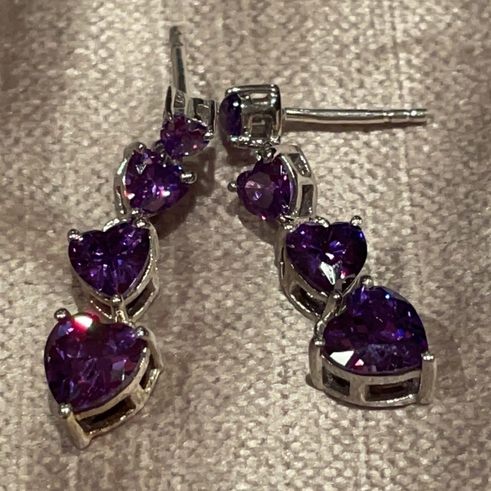 Purple Diamond Heart Earrings 925 Sterling Silver